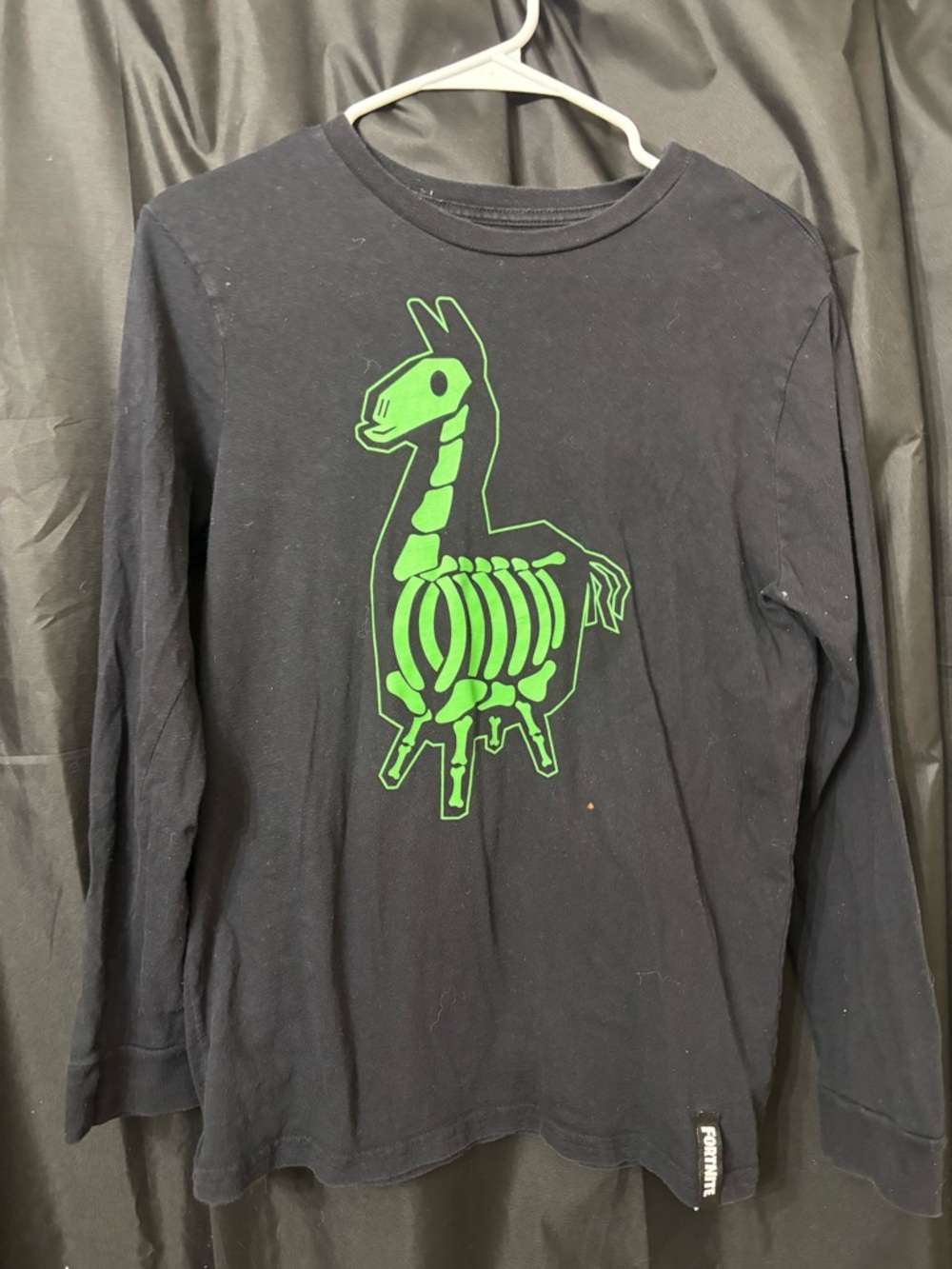Black Long-Sleeve Tee with Neon Green Skeleton Llama Graphic